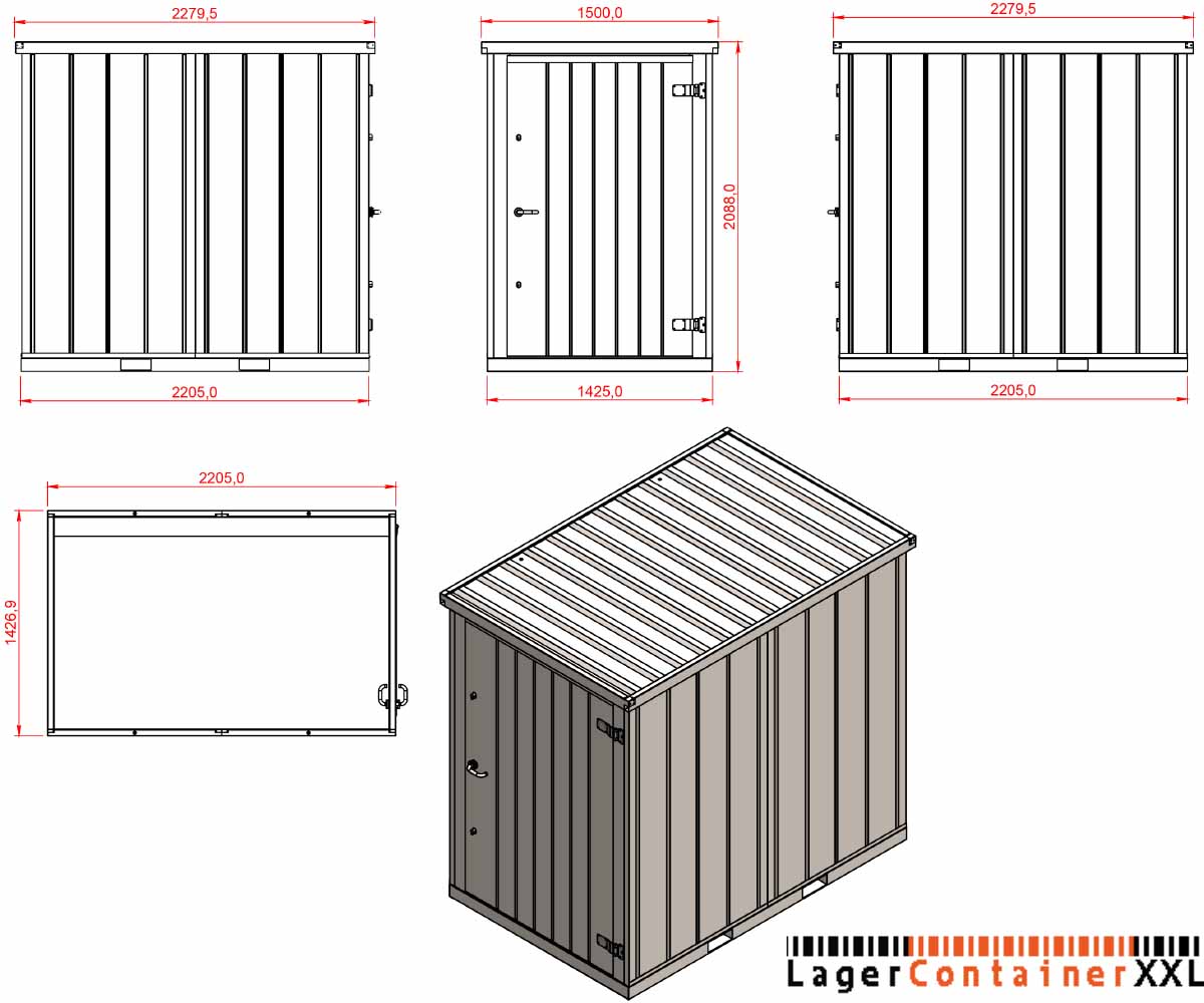 Mini Blechcontainer 1,5 x 2m verzinkt mit Einflügeltür