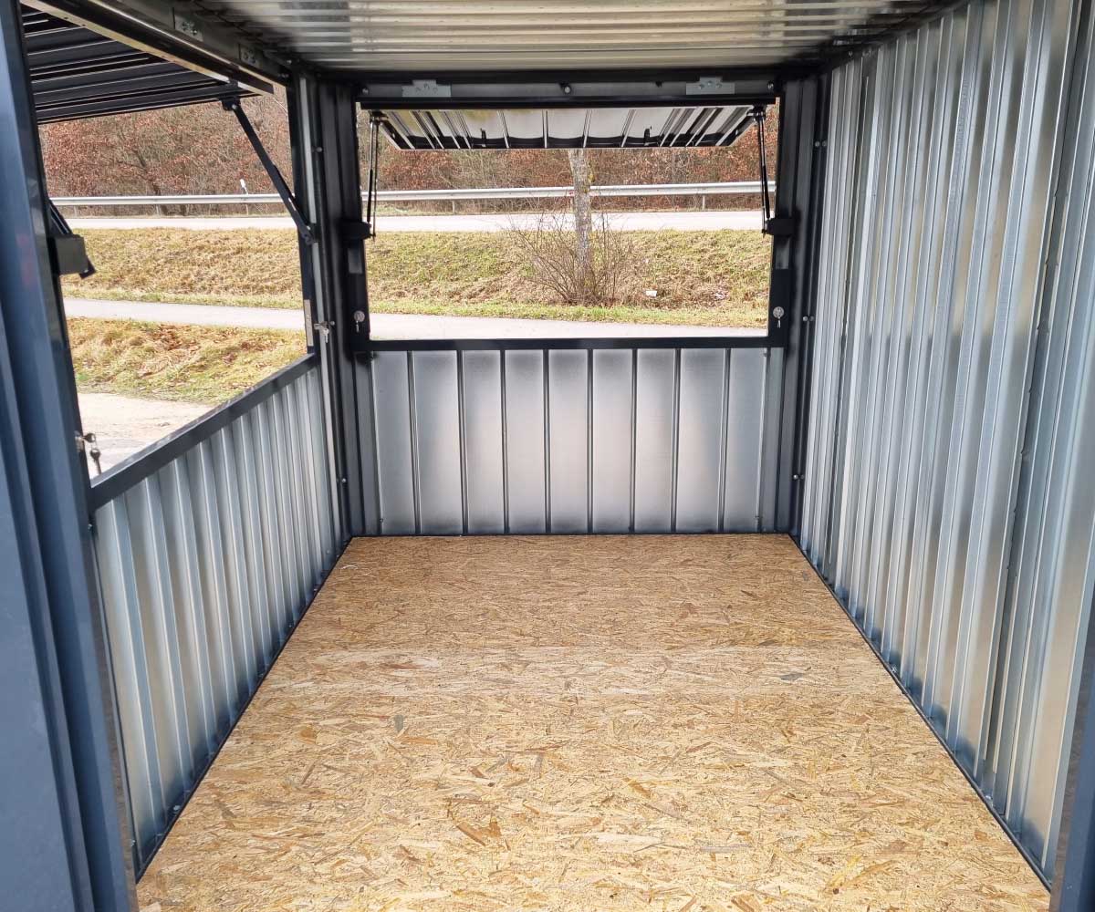 4m Verkaufscontainer mit 2 Verkaufsklappen und Doppelflügeltür in RAL7016 Anthrazit