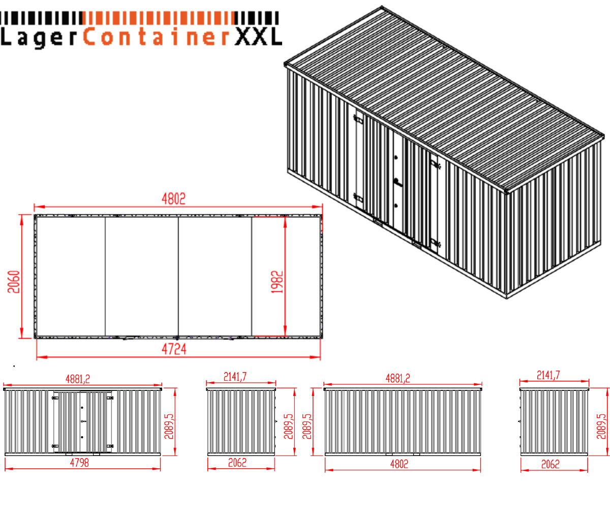 5m Gartencontainer mit Türen längsseite in RAL 7016 Anthrazit | Prime