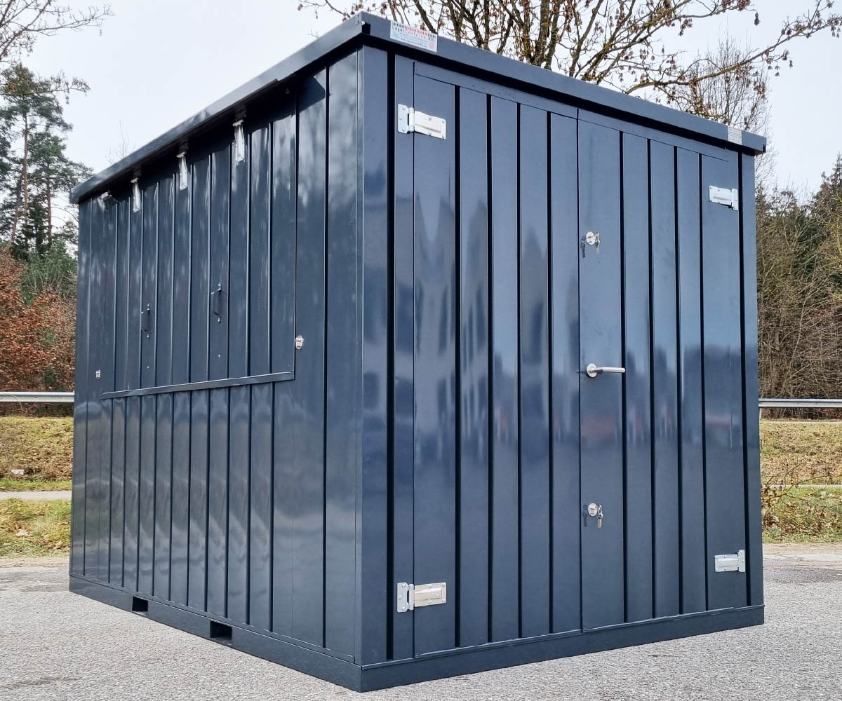 4m Verkaufscontainer mit 2 Verkaufsklappen und Doppelflügeltür in RAL7016 Anthrazit