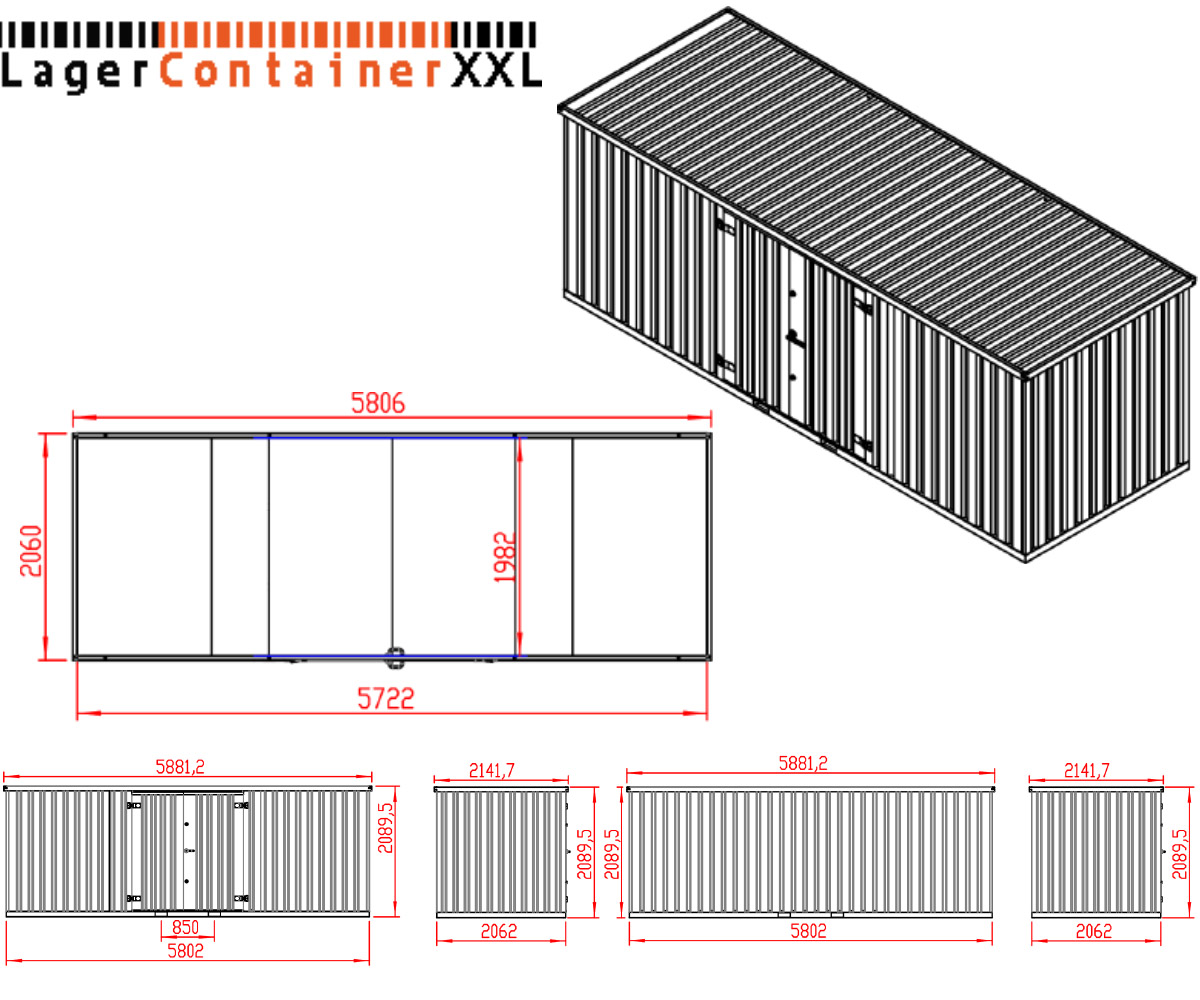 20 Fuss - 6m Spezial Blechcontainer mit Doppelflügeltür auf der langen Seite