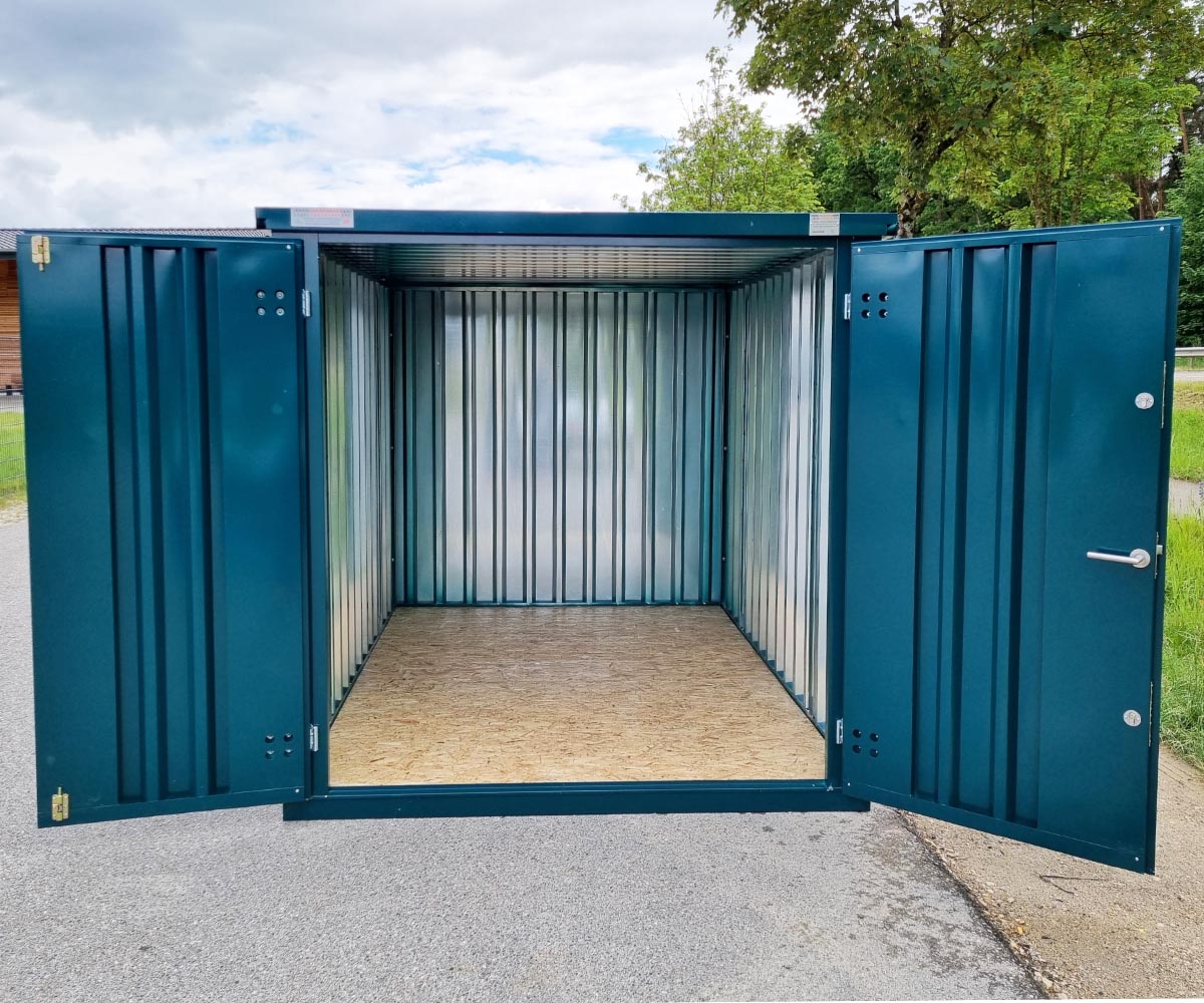 3m Gartenschuppen Blaugrün RAL 6004 mit Doppeltür - kurze Seite