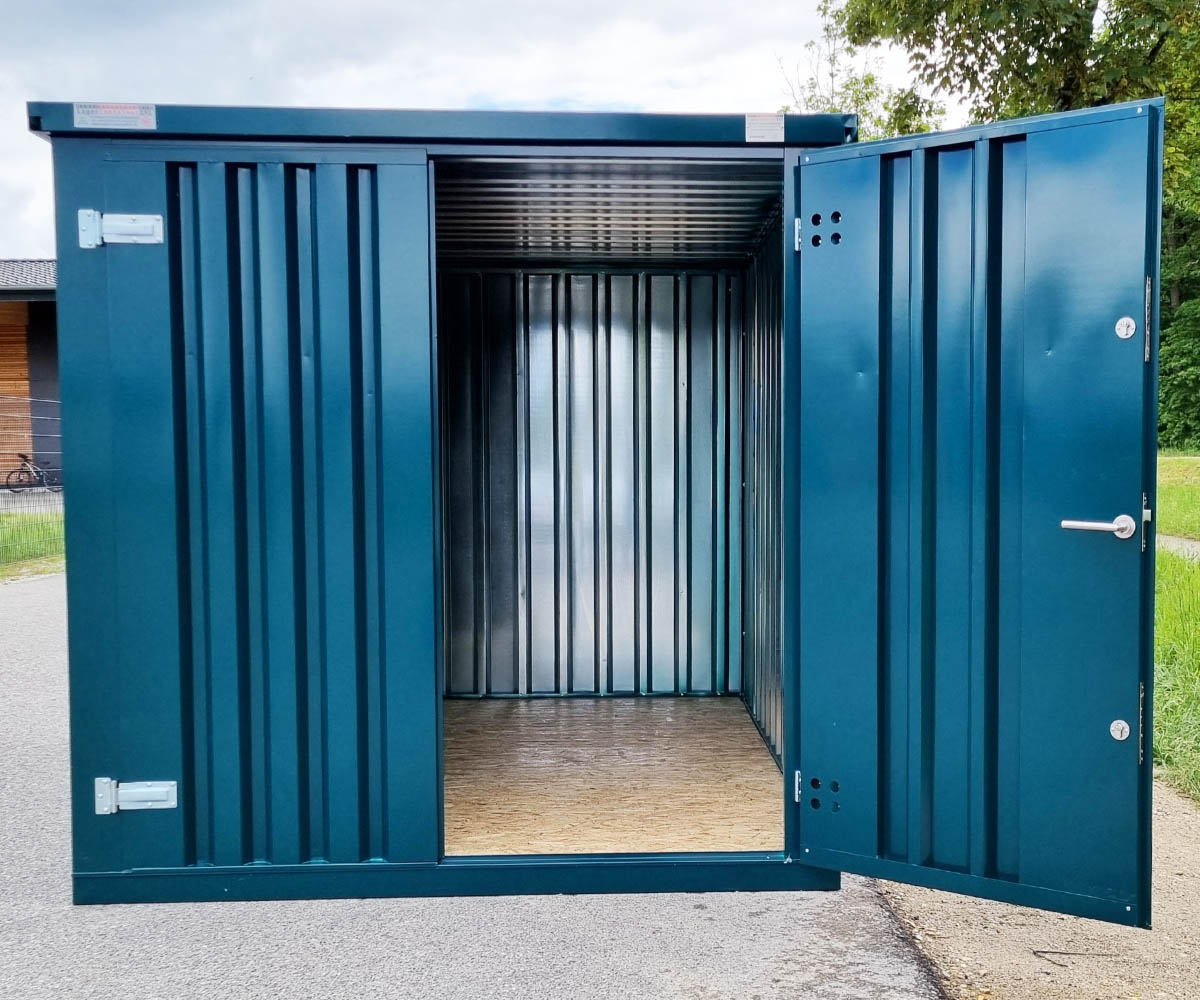3m Gartenschuppen Blaugrün RAL 6004 mit Doppeltür - kurze Seite