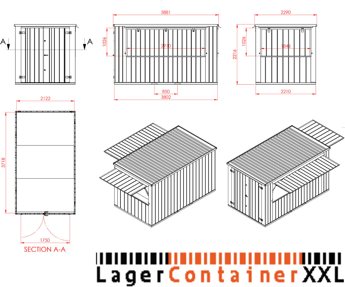 4m Verkaufscontainer mit 2 Verkaufsklappen und Doppelflügeltür in RAL7016 Anthrazit
